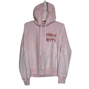 Fifth Sun "Choose Happy" Pink Plush Graphic Hoodie Sleepwear Women's Size L NWT